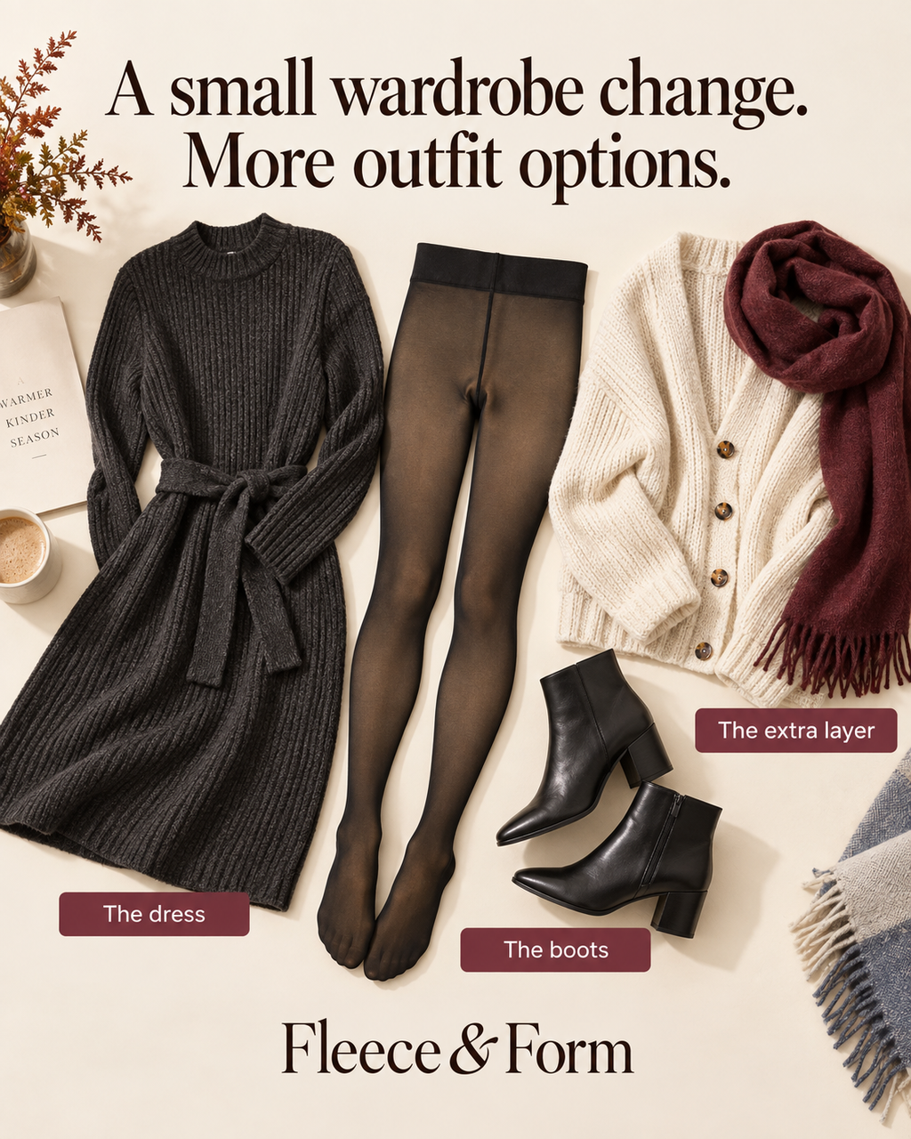 A small wardrobe change. More outfit options. - Fleece & Form flat lay